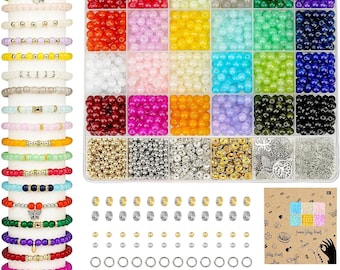 Kit de cuentas de vidrio de 6 mm, juego de 24 colores para hacer pulseras, cuentas redondas para hacer joyería DIY.