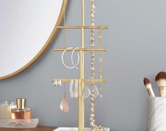 Árbol organizador de joyas de 4 niveles, base de latón y madera de haya