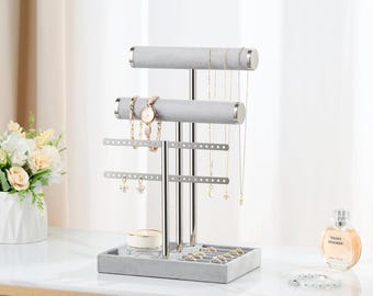 Expositor de pulseras de 3 niveles, organizador de joyas de terciopelo con barra en T desmontable para pulseras, collares, anillos y pendientes.