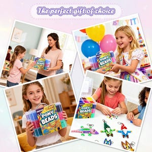 May include: A clear plastic storage case filled with 10,000 colorful pony beads, featuring a handle and a label that reads PONY BEADS. The set includes various small plastic containers and metal keychains shaped like animals and gnomes.