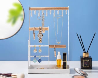 Organizador de joyas blanco: soporte para collares de 4 niveles con bandeja para anillos, torre de exhibición de joyas