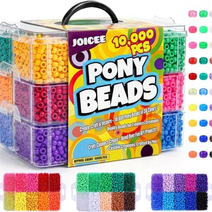 May include: A clear plastic storage case with a black handle containing 10,000 pony beads in 30 colors. The front label reads JOICEE 10,000 PCS PONY BEADS. The case features multiple compartments filled with assorted colored beads, with additional bead sets shown below.