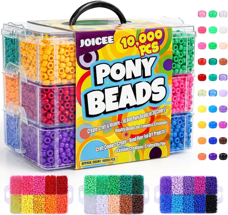 May include: A clear plastic storage case with a black handle containing 10,000 pony beads in 30 colors. The front label reads JOICEE 10,000 PCS PONY BEADS. The case features multiple compartments filled with assorted colored beads, with additional bead sets shown below.