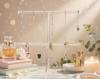 Soporte de joyería de acrílico, organizador de collares de 2 niveles, organizador de pulseras transparente, expositor de pendientes y anillos, soporte para relojes