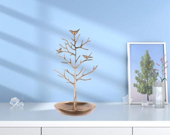 Soporte para árbol de joyas con pájaros plateados, organizador de tocador vintage