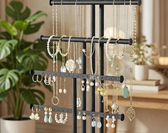 Organizador de joyas de 5 niveles en gris desgastado con soporte ajustable para collares