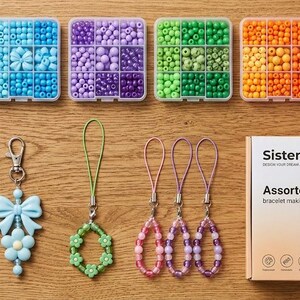 Puede incluir: Un kit para hacer joyas con seis recipientes de plástico transparente llenos de cuentas acrílicas variadas en rosa, azul, morado, verde, naranja, negro, blanco y transparente. Incluye cinco dijes de cuentas terminados y una caja con la etiqueta Sistenia Assorted Acrylic Beads.