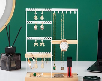 Organizador de joyas blanco de 4 niveles: organizador de pendientes con 48 agujeros, ganchos para collares y caja de madera.