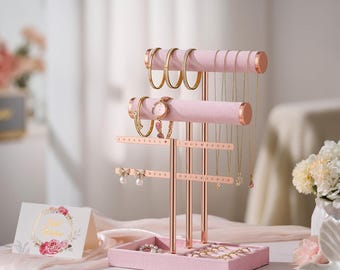 Soporte para pulseras de terciopelo rosa de 3 niveles, organizador de joyas desmontable con barra en T para pulseras, collares, pendientes y anillos.