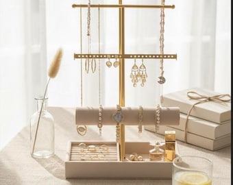 Árbol porta joyas beige con bandeja de terciopelo, soporte para collares de 4 niveles, organizador de anillos y pendientes