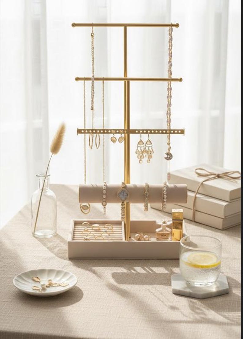 Beige Jewelry Holder Tree with Velvet Tray, 4 Tier Necklace Stand, Ring & Earring Organizer