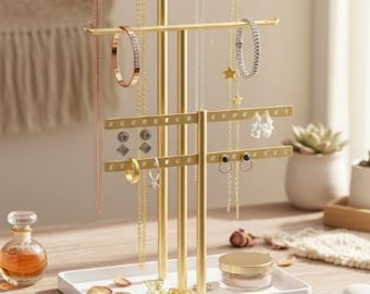 Organizador de joyas de oro: soporte para collares, pendientes y pulseras, torre de exhibición de joyas resistente