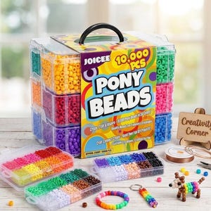May include: A Joicee brand 10,000 piece pony bead set in a clear plastic storage case with a black handle. The set includes various colored beads, a spool of string, pliers, and examples of finished bead creations like a bracelet and a dog figure.