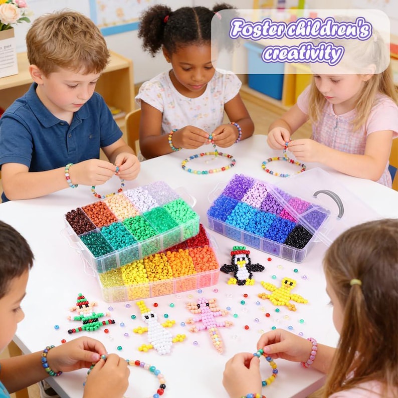 May include: A multi-compartment plastic storage box filled with assorted colorful pony beads, alongside several beaded figures including a penguin, a yellow bird, and an axolotl, with the text Foster children's creativity visible above.