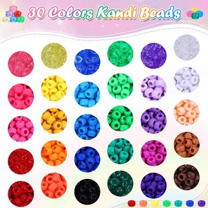 May include: A collection of 30 colors of Kandi beads displayed in circular groupings. The beads are small, cylindrical, and feature a central hole. The colors include various shades of pink, yellow, blue, green, purple, orange, red, black, brown, white, and clear. The text 30 Colors Kandi Beads is visible at the top.