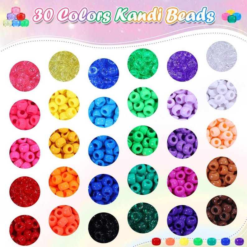 May include: A collection of 30 colors of Kandi beads displayed in circular groupings. The beads are small, cylindrical, and feature a central hole. The colors include various shades of pink, yellow, blue, green, purple, orange, red, black, brown, white, and clear. The text 30 Colors Kandi Beads is visible at the top.