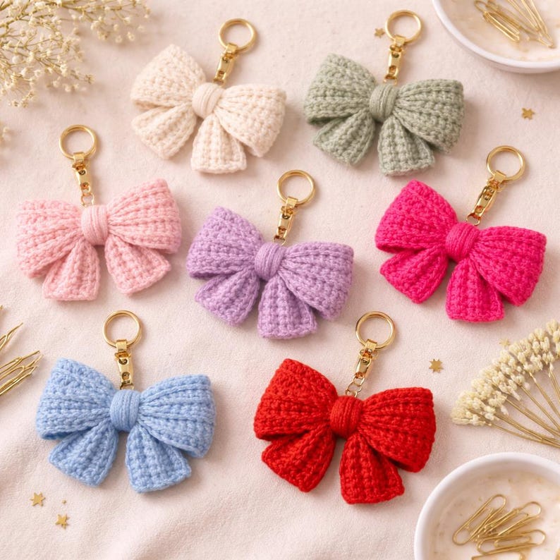 May include: A selection of handmade crochet bow keyrings in a variety of colours, including pink, blue, red, green, and purple. Each bow is attached to a gold-coloured keyring. The keyrings are displayed on a light-coloured surface.