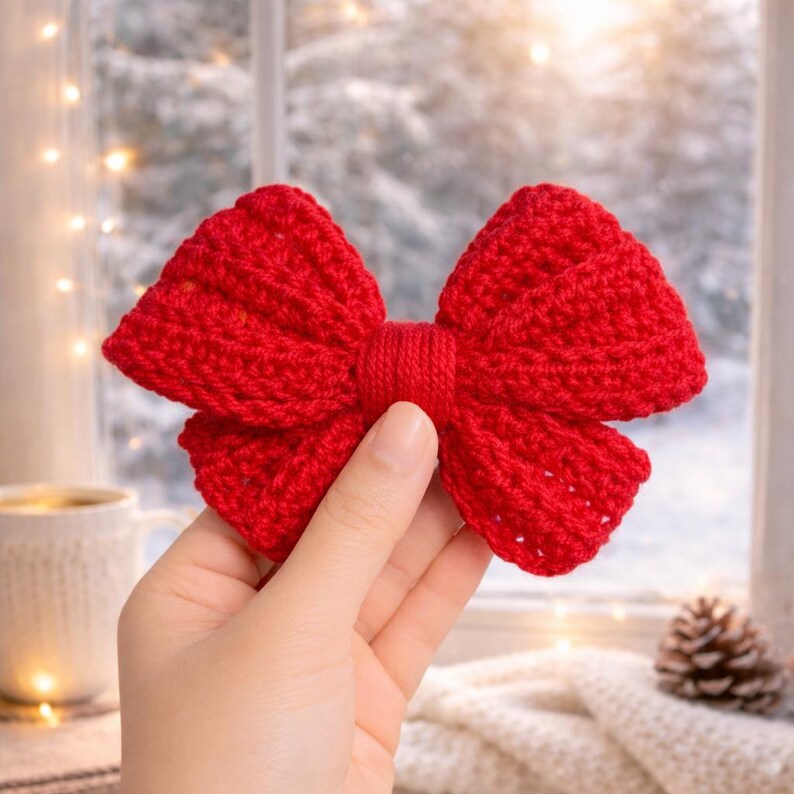 May include: A bright red crocheted bow with a detailed stitch design. The bow is held up against a snowy window, suggesting a festive or seasonal theme. The handmade bow is a decorative accessory.