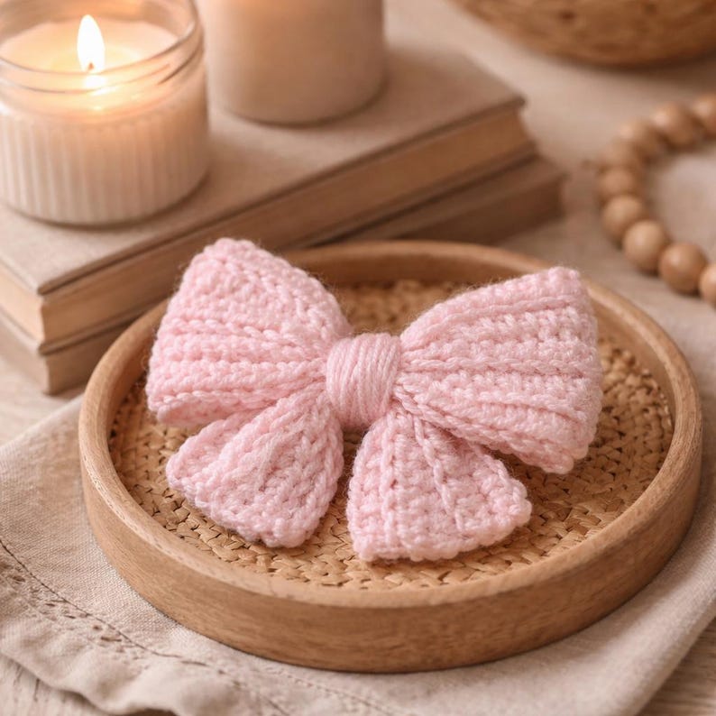 May include: A pale pink, crocheted bow. The bow is displayed on a round, wooden tray with a woven base. The background features a lit candle in a glass jar, a stack of books, and a wooden bead garland.