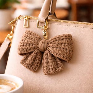 May include: A brown crocheted bow keyring attached to a beige handbag. The bow is made of textured yarn, with a detailed, handmade appearance. The handbag has gold-coloured hardware and a zip closure.