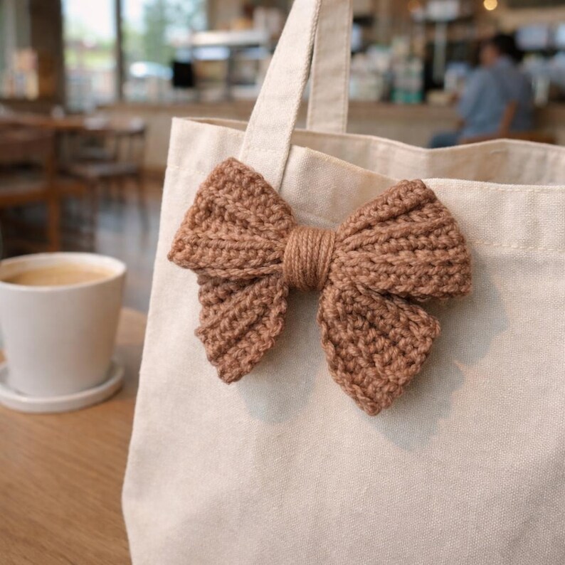 May include: A cream-coloured tote bag with a large, crocheted bow in a warm brown hue. The bow is centrally placed on the bag, adding a decorative element. The bag has strong handles and looks to be made of canvas.