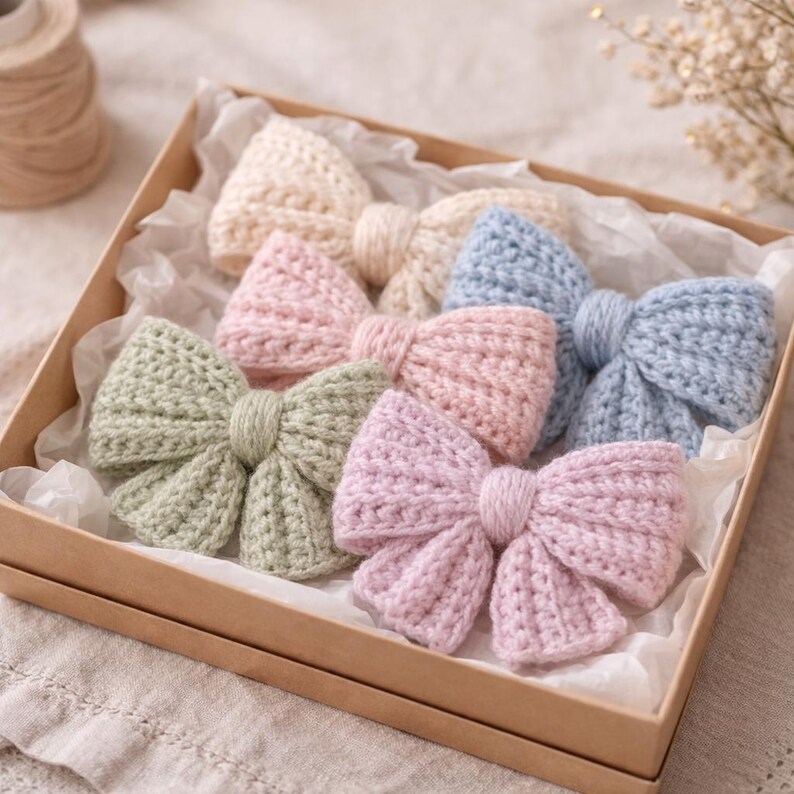 May include: A selection of pastel-coloured, handmade crochet bows, including pink, blue, green, and cream. The bows are presented in a brown cardboard box, nestled on white tissue paper. These bows are a delightful accessory.