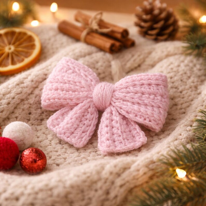 May include: A pale pink, hand-crocheted bow ornament. The bow is placed on a cream-coloured knitted surface, with a dried orange slice, cinnamon sticks, and Christmas ornaments in the background. The bow is made of soft yarn.