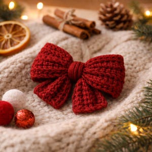 May include: A vibrant red, crocheted bow is displayed on a cream-coloured, textured surface. The bow is the central element, showcasing a detailed, textured pattern. Other festive items include cinnamon sticks, a pine cone, and ornaments, suggesting a seasonal theme.