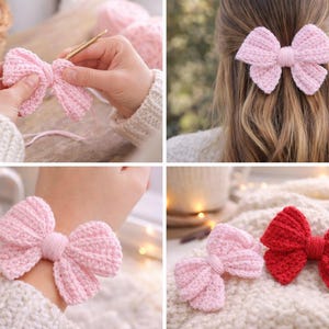 May include: Handmade crochet bows in pink and red are shown. One is attached to a hair clip, another is worn as a bracelet, and others are displayed on a soft, textured surface. The bows are crafted with a ribbed stitch.