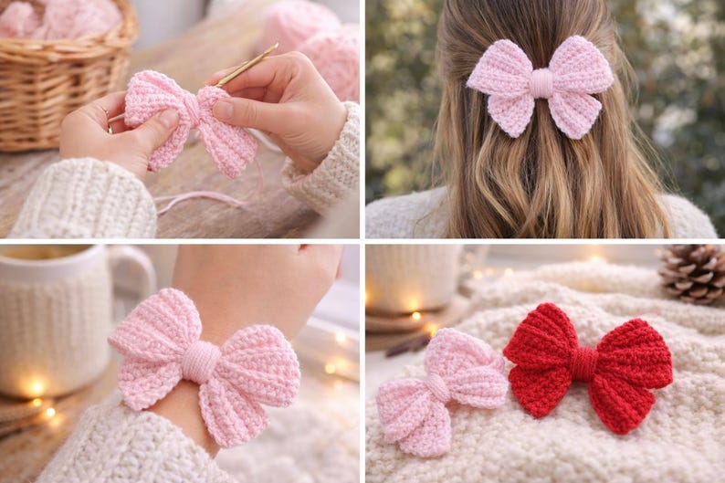 May include: Handmade crochet bows in pink and red are shown. One is attached to a hair clip, another is worn as a bracelet, and others are displayed on a soft, textured surface. The bows are crafted with a ribbed stitch.