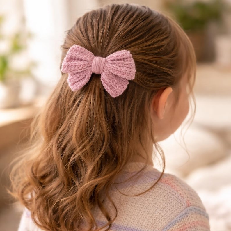 May include: A light pink crocheted bow hair clip. The bow is attached to the hair and is centered on the head. The hair is long and wavy, with a warm brown colour. The bow is made of a soft, textured yarn.