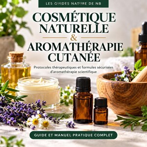 Peut inclure: Une couverture de livre intitulée LES GUIDES NATURE DE NB COSMÉTIQUE NATURELLE & AROMATHÉRAPIE CUTANÉE avec des flacons compte-gouttes en verre ambré, un pot en verre de crème blanche, un mortier en bois et des brins de lavande et camomille.