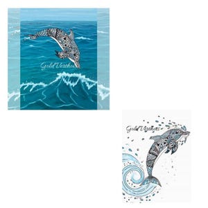 Peut inclure: Deux images présentant un motif de dauphin. L'une montre un dauphin nageant dans l'eau bleue avec des vagues, l'autre montre un dauphin sautant hors de l'eau. Les deux ont des motifs complexes en noir et blanc et le texte "Gold Verthous".