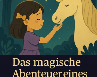 May include: Digital children's book cover illustration featuring a girl reaching towards a unicorn under a full moon. The text reads "Das magische Abenteuer eines kleinen Mädchens" and "MÄRCHENHAFTES FANTASY STORY".