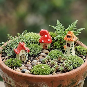 May include: A terracotta pot filled with a miniature fairy garden. The garden features three whimsical ceramic houses with red and orange roofs, surrounded by green plants, moss, and small stones. The background is blurred.