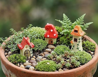 Casita de hadas en micropaisaje pintada a mano, adornos para macetas de suculentas de interior y exterior, miniatura de casa de setas rojas, arte de jardín de hadas