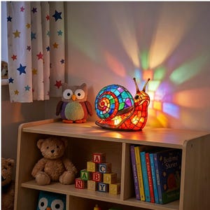 May include: A stained glass snail lamp with a multi-coloured shell and body, emitting a vibrant light projection. The lamp sits on a wooden shelf alongside a crocheted owl, a brown teddy bear, a stack of alphabet blocks, and several children's books.