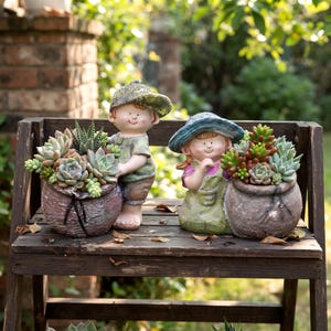 Rustic Resin Succulent Planter Set, Cute Boy and Girl Garden Flower Pots, Vintage Plant Holder for Indoor Plants, Home Decor Gift
