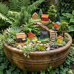 7pc Miniature Fairy Garden Houses - Tiny Resin Cottage Figurines - DIY Micro Landscape Ornaments - Flower Pot Decor - Zen Garden Accessories