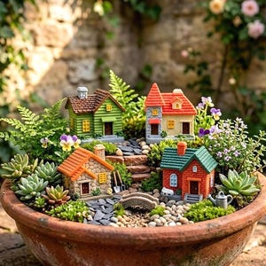 May include: A miniature fairy garden in a terracotta pot. The scene includes several colorful miniature houses, a stone pathway, a tiny bridge, and various plants and flowers. The garden is filled with succulents and ferns.