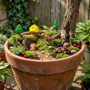 Puede incluir: Un jardín de hadas en miniatura en una maceta de terracota. La escena incluye un árbol, musgo, pequeñas figuras de un búho y una ardilla, árboles en miniatura y bayas rojas. El jardín está rodeado de vegetación y pequeñas piedras.
