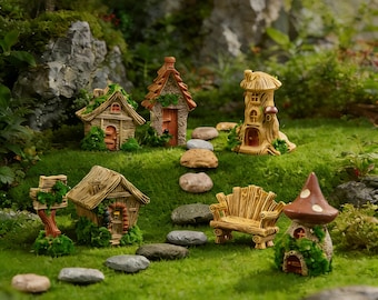 Miniature Cottage Village Set • 9pc Enchanted Forest Diorama, Rustic Garden Decor
