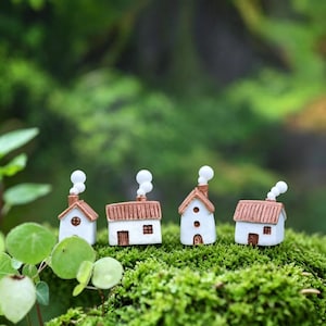 Miniature White Chimney Fairy Houses, 4pc Nordic Minimalist Cottages, Tiny Village Ornaments