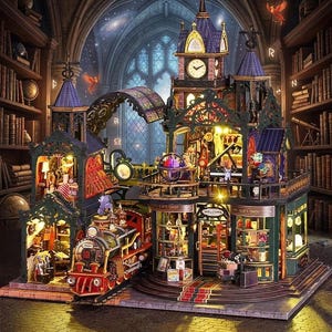 May include: A detailed, illuminated model of a whimsical gift shop and train station, featuring a clock tower, arched walkways, and a miniature train. The model is set in a library with bookshelves and a starry sky backdrop.