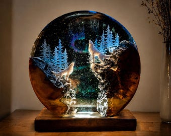 オオカミのナイトライト、樹脂製木製デスクランプ、神秘的なオーロラの荒野の装飾、記念品、お父さんへの贈り物、パーソナライズされたお土産