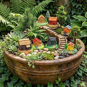 Conjunto de aldea en miniatura, 7 casitas de resina para macetas de suculentas, accesorios para terrarios de musgo, kit de casa de hadas, adornos para micropaisajes.