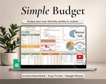Może przedstawiać: Cyfrowy arkusz budżetowy wyświetlany na ekranie laptopa, zawierający tekst Simple Budget, Budget your way, Monthly, weekly or custom, Bonus Tab, Automated Dashboard, YouTube Tutorial, Instant Download, Easy To Use oraz Google Sheets.