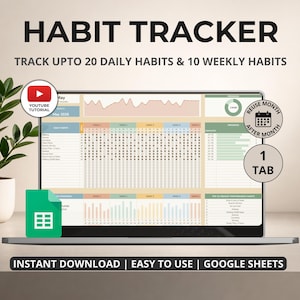 Può includere: Un laptop mostra un habit tracker digitale con il testo "HABIT TRACKER" e "TRACK UPTO 20 DAILY HABITS & 10 WEEKLY HABITS." Lo schermo mostra un foglio di calcolo con un layout a calendario. Il testo aggiuntivo include "INSTANT DOWNLOAD | EASY TO USE | GOOGLE SHEETS."