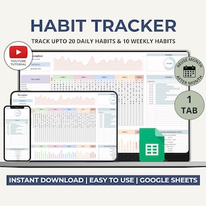 May include: A digital habit tracker displayed on a laptop, tablet, and smartphone. The design includes a calendar layout for tracking daily and weekly habits, with the text "HABIT TRACKER" at the top. The image also includes the text "INSTANT DOWNLOAD | EASY TO USE | GOOGLE SHEETS."