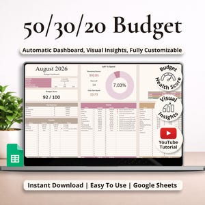 May include: A digital 50/30/20 budget dashboard displayed on a laptop screen. The interface features tables for expenses, income, and savings, a donut chart showing 7.03%, and circular icons labelled Budget Health Score, Visual Insights, and YouTube Tutorial.